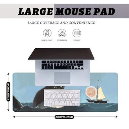 Funny Black Cat Mouse Pad Cute Ocean Shark Sailing Ship Mousepad Extended Large Laptop Keyboard Non-Slip Rubber Base with Stitched Edges for Home 31.5x11.8 in - color: Funny Black Cat, size: 31.5L x 11.8W inches