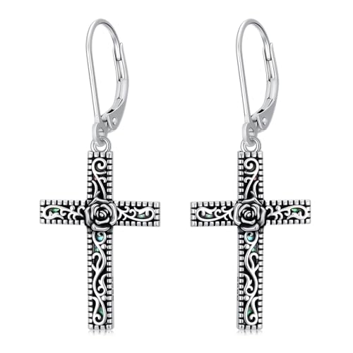 925 Sterling Silver Sunflower/Rose/Plumeria/Hibiscus/Mushroom Cross Earrings for Women Hawaiian Flower/Butterfly Cross Dangle Drop Earrings Jewelry Faith Christian Gift for Her Daughter Wife Girlfriend - style: Rose