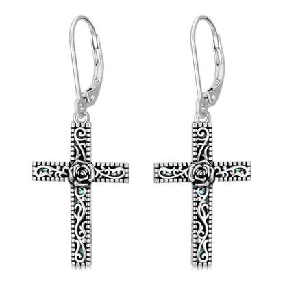 925 Sterling Silver Sunflower/Rose/Plumeria/Hibiscus/Mushroom Cross Earrings for Women Hawaiian Flower/Butterfly Cross Dangle Drop Earrings Jewelry Faith Christian Gift for Her Daughter Wife Girlfriend - style: Rose