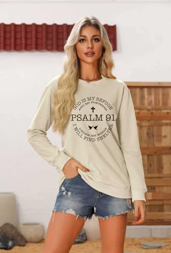 Christian Sweatshirts for Women Psalms 91 Long Sleeve Shirt - color: Sand, size: Medium