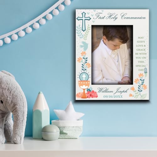 BELLA BUSTA-Personalize My First Holy Communion Theme Picture frame-Cross and Chalice, Religion, Christian Traditions Occasion-UV Print (5x7Vertical (Boy)) - color: 5x7Vertical (Boy)