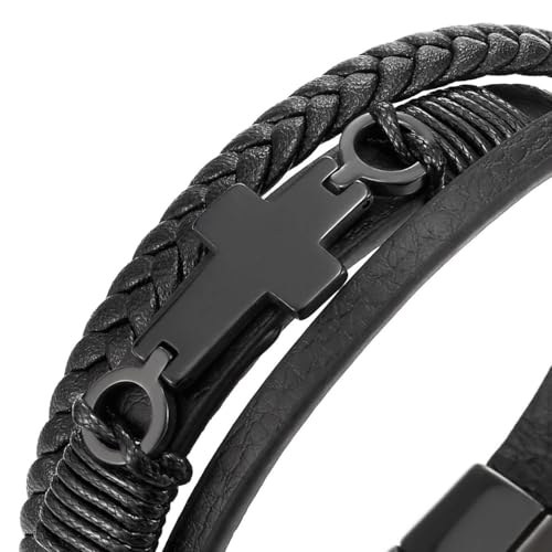 COOLSTEELANDBEYOND Mens Women Steel Horizontal Sideway Lateral Flat Cross Multi-Strand Leather Bangle Bracelet - color: D-Color: Black