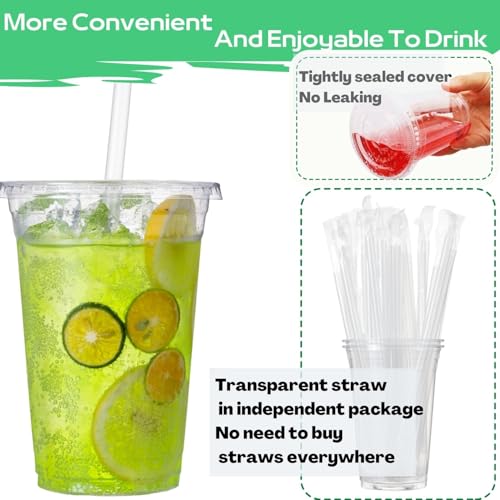 Artpreti 25 Sets 16 oz Clear Plastic Cups with Lids and STRAWS, Disposable Cups for Iced Coffee, Smoothie, Milkshake, Cold Drinks - size: 16 oz - With Lid
