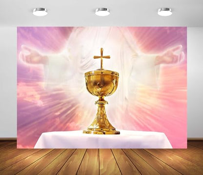BELECO 15x8ft Fabric Holy Communion Backdrop Chalice in an Altar with God Light Holy Eucharist Theme Background First Communion Party Decorations Christian Church Sanctuary Banner Photo Studio Props - size: 15x8FT