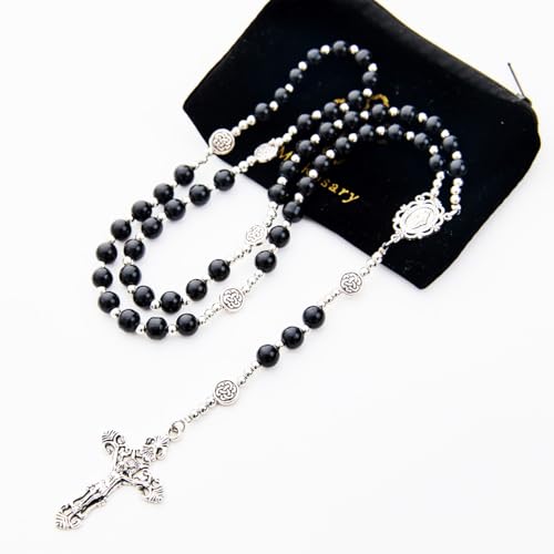 8mm Purple Pearl Beads Catholic Rosary Glass Beaded Acrylic String Necklace White Ceramics Bead Rosary Miraculous Medal Crucifix Cross Gift for Women Girls - color: Black