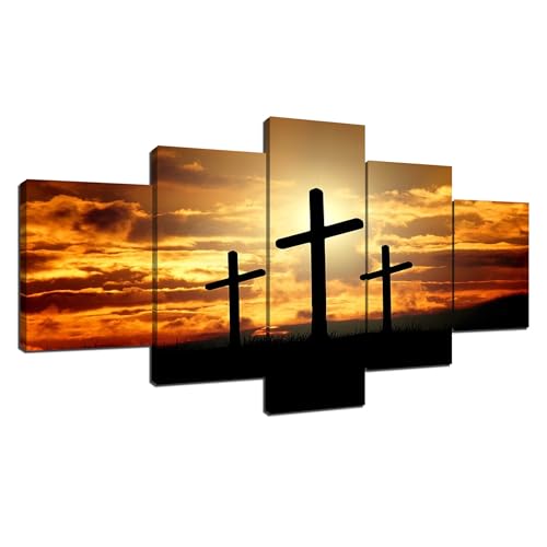 ARNLRDYA Three Crosses Wall Decor Christ Cross on Sunset Picture Canvas Art HD Print Cross Silhouette Wall Art Painting for Home Bedroom Decoration Poster with Frame Ready to Hang(60''Wx32''H) - color: Artwork-0011