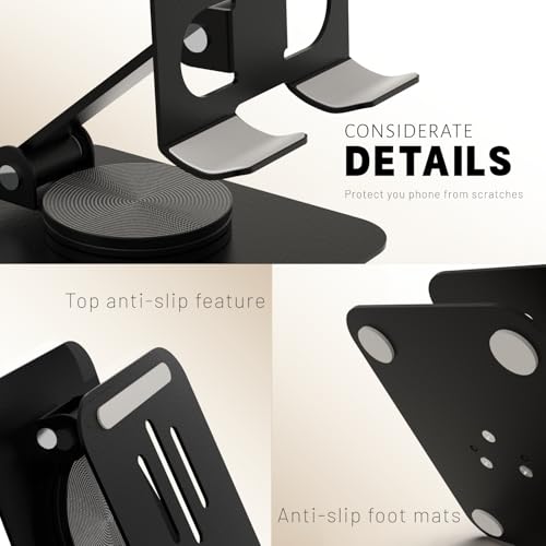 Metal Cell Phone Stand for Desk, Multi-Angel Adjustable 360° Rotation Non-Slip and Foldable Mobile Phone Stand, Compatible with iPhone 18/17 Series and All Smartphones, Black - color: Black