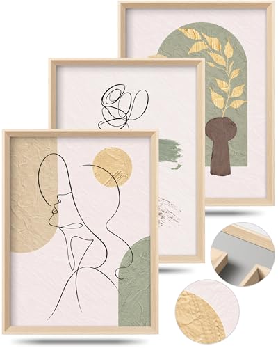 HesenDot High Wood Framed Abstract Line Art Wall Art Set of 3,12x16IN - color: High Frame Abstract Line Face