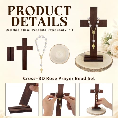 Novabright 6 Sets Baptism Centerpieces Table Decorations First Communion Wooden Cross Ornament Set with Mini Rosary Beaded Wood Slices for Baptism Celebration Church Ceremony Party Decor Gift