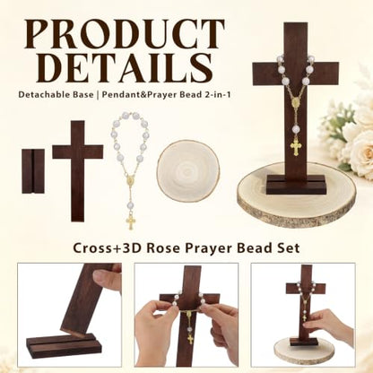Novabright 6 Sets Baptism Centerpieces Table Decorations First Communion Wooden Cross Ornament Set with Mini Rosary Beaded Wood Slices for Baptism Celebration Church Ceremony Party Decor Gift