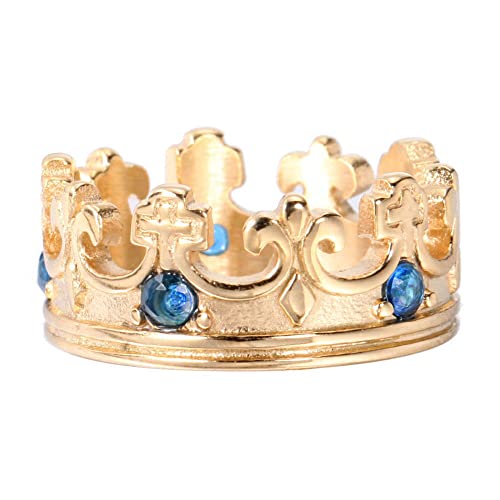 Mens Womens Stainless Steel Vintage Royal King Crown Ring Cross Band Ruby Black Gemstone - color: Gold, blue cz