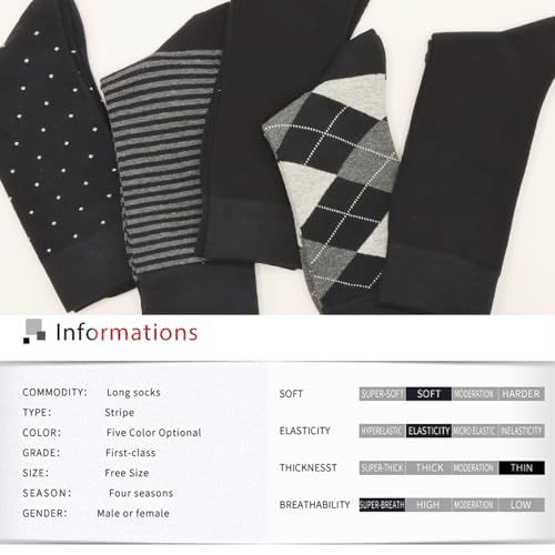 Men's Colorful Striped Dress Socks, 5-Pack Cotton, Sock Size 10-13 - color: Classic Black & Gray Mix