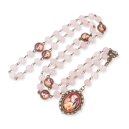 Nazareth Store Our Lady of Sorrows Stone Beads Rosary Solid Beaded Chaplet Necklace with Epoxy 7 Seven Sorrows Medallion - color: Rose Quartz