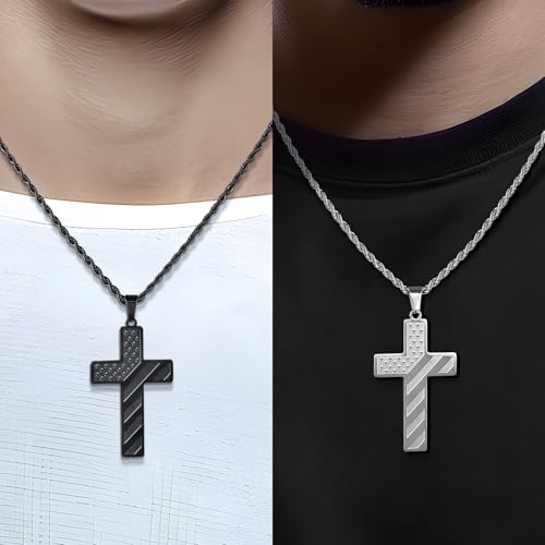 Romass 2Pcs Cross Necklace for Men Boys, Bible Verse Stainless Steel Silver Black American Flag Chains for Men Pendant Jewelry Box - style: Always Remember