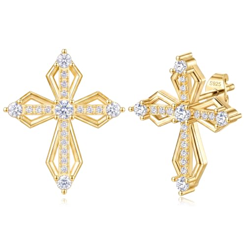 Sterling Silver Dainty Cross Earrings For Women, Christian Religious Faith Cubic Zirconia Stud Earrings - color: 18k Gold