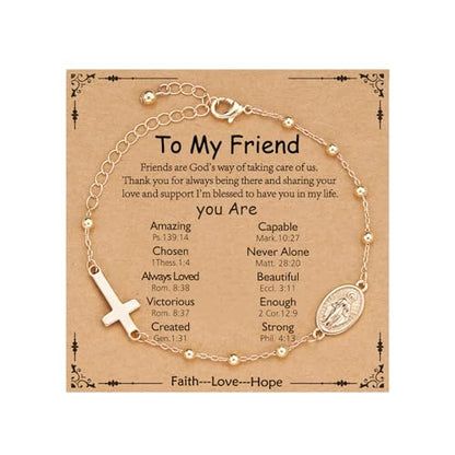 Gnamy Happy 13th 15th 16th 21th 30th 40th 50th Birthday Bracelet Gifts for Women Girls, 14k Gold Plated Virgin Mary Cross Bracelet Catholic Religious Friendship Jewelry for Her - style: To My Friend