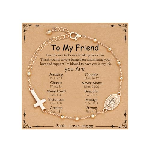 Gnamy Happy 13th 15th 16th 21th 30th 40th 50th Birthday Bracelet Gifts for Women Girls, 14k Gold Plated Virgin Mary Cross Bracelet Catholic Religious Friendship Jewelry for Her - style: To My Friend