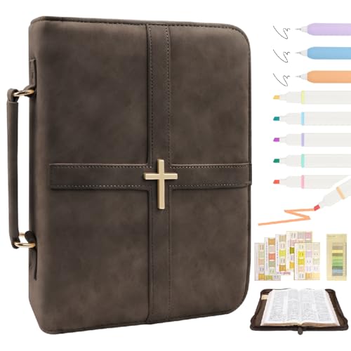 Classic Leather Bible Cover Case with Cross Design and Handle for Men Women, Durable Bible Study Supplies Organizer Carrying Bag, Perfect Christmas Gifts for Christians with Gift Box（Dark Brown - color: Dark Brown