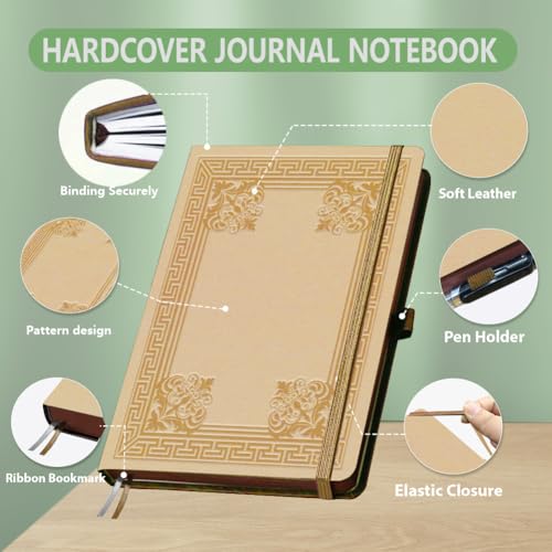 A5 Framed Textured Leather Journal, 300 Pages Lined Notebook, Brown Vintage Pattern Hardcover Notebook for Travel Diary, Business, Work and School Daily Writing - style: Framed Textured