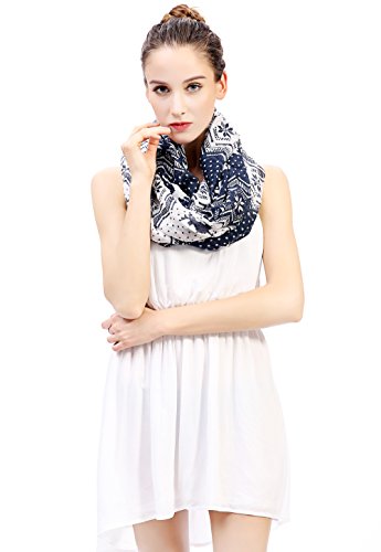 Lina & Lily Holiday Christmas Pattern Print Women's Infinity Scarf Lightweight - color: Blue White, Nordic Reindeer Snowflake