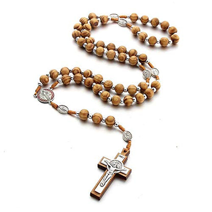 COLORFUL BLING Natural Wooden Catholic Rosaries Wood Crucifix Prayer Beads Pendant Necklace Prayer Jesus Religious Cross Rosary Necklace Handmade Jewelry - color: round silver