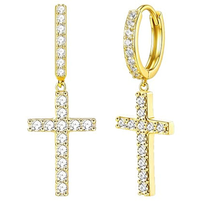 NEWITIN CZ Cross Earrings for Men Women 14K Gold Plated Huggie Hoop Earring - color: Gold B