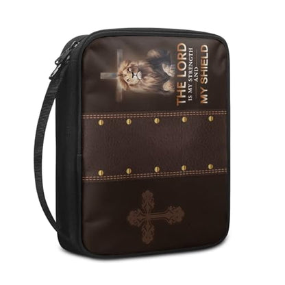 Lion with Cross Print Bible Cover for Men,Brown Bible Case Fashion Bible Bag with Handle - color: Lion With Cross
