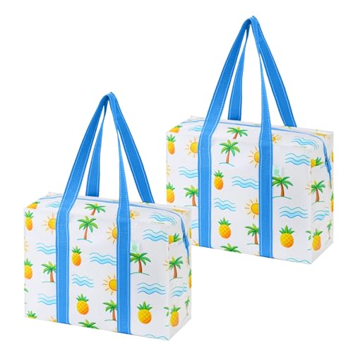 VENO 2 Pack Utility Tote Reusable Grocery Bags with Zipper & Hard Bottom - color: Tropical Island, size: 2 Pack