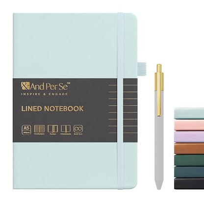 &And Per Se Lined Journal and Pen Set, A5 Leather Hardcover Notebook with Pen & Stationary Set, 160 Pages 100GSM Thick Ruled Paper Journal for Business Work Writing (Cyan) - color: Cyan