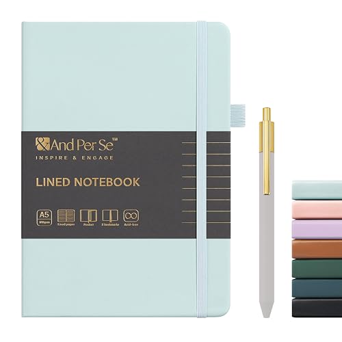&And Per Se Lined Journal and Pen Set, A5 Leather Hardcover Notebook with Pen & Stationary Set, 160 Pages 100GSM Thick Ruled Paper Journal for Business Work Writing (Cyan) - color: Cyan