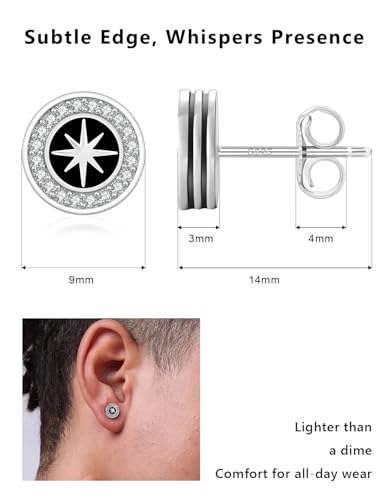 KRKC&CO Earrings for Men, Sterling Silver Earrings Studs, Hypoallergenic - color: Black J