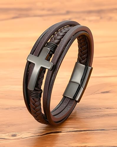 Cross Leather Bracelet for Men, Multi-Layer Braided Mens Religious Cuff Bracelets with Stainless Steel Clasp Anniversary Father's Day Birthday Christmas Jewelry Gifts for Him - color: Silver Clasp & Brown Leather