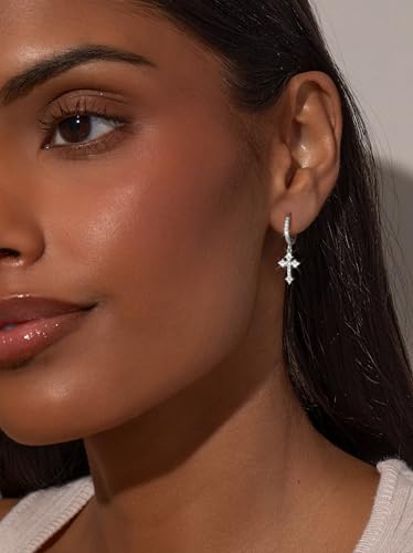 Gold Hoop Earrings For Women Men-Silver Dangle Drop Earrings,Hypoallergenic Huggie Hoop Earrings Trendy-Dainty Diamond Cubic Zirconia Cross Earrings,Simple Christmas Christian Easter Jewelry Gifts - style: Cross Dangle Hoop-Silver