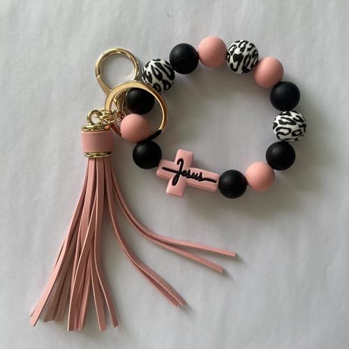 Silicone Beaded Jesus Cross Wristlet Keychain Leather Tassel,Key Ring Wrist Bangle,Key Chains Bracelet Women - color: Pink Cross