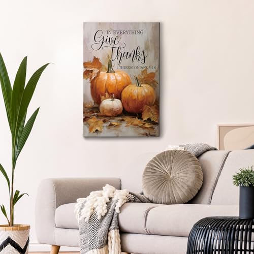 HIWX Christian Fall Pumpkin Wall Decor, Bible Verse Scripture Thanksgiving Framed Canvas Painting Wall Art Decor, Rustic Fall Autumn Wall Art Home Decoration for Bedroom Living Room Church, 16x24 - color: pumpkin 1, size: 24"L x 16"W