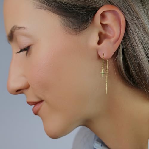 Sterling Silver Earrings Cross Threader for Women | Minimalist Chain Earrings Double Piercings | Dangle Earrings (Gold-plated sterling silver) - color: Gold-plated sterling silver