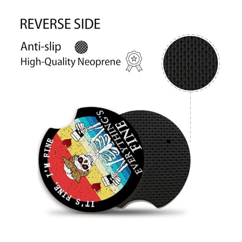 Funny Skull with Coffee Cup Holders Car Coasters Set for Women/Men,Absorbent Cup Car Holders, 2 Pack Universal Neoprene Coasters with A Finger Notch - color: Funny Skull With Coffee