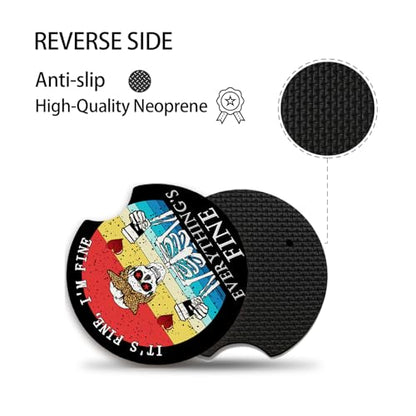 Funny Skull with Coffee Cup Holders Car Coasters Set for Women/Men,Absorbent Cup Car Holders, 2 Pack Universal Neoprene Coasters with A Finger Notch - color: Funny Skull With Coffee