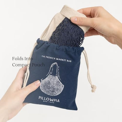 PILLOWPIA French Market Bag – Organic Cotton Tote, Handcrafted Adjustable Strap, Eco-Friendly 12-15" Farmers Market Carrier - color: Navy