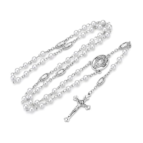 Guadalupe Rosary Beads for Women with Metal Box and 18pcs Holy - color: White