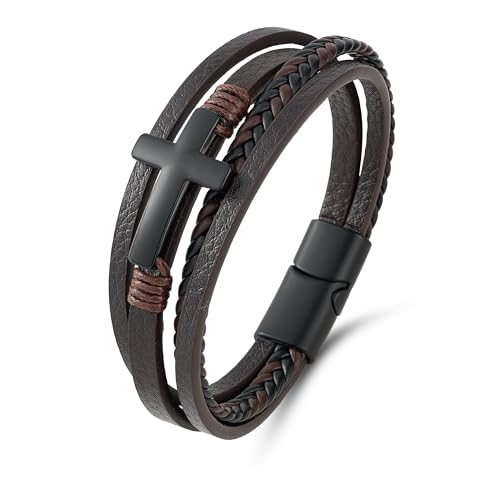 Mens Leather Cross Bracelet Braided Multi Layer Wristband with Stainless Steel Clasp - Christian Religious Gifts for Him(Brown/Black/Blue) - color: Brown, size: 8.3in(Fits most wrists)