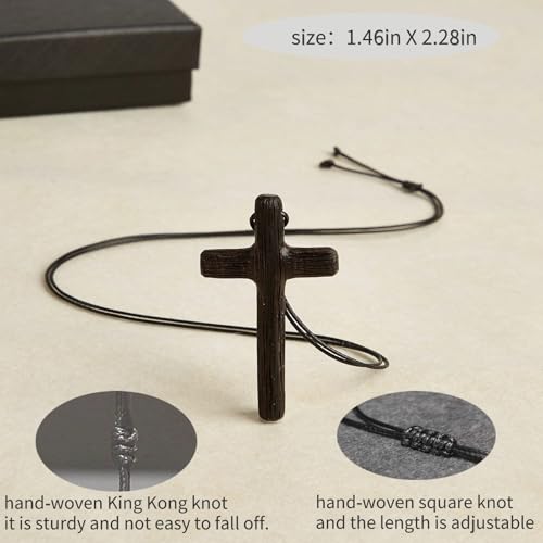 Men's Wooden Cross Necklaces Real Handcrafted Ebony Wood Cross Pendants With Leather Necklace Men's Black Cross Necklaces Christian Baptism Crucifix Pendant for Men （Integrated Wood Grain）