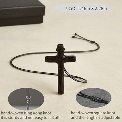Men's Wooden Cross Necklaces Real Handcrafted Ebony Wood Cross Pendants With Leather Necklace Men's Black Cross Necklaces Christian Baptism Crucifix Pendant for Men （Integrated Wood Grain）