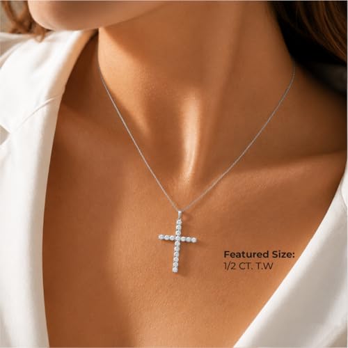 Diamond Cross Necklace for Women | 14K White Gold Plated Sterling Silver - size: 1 carat
