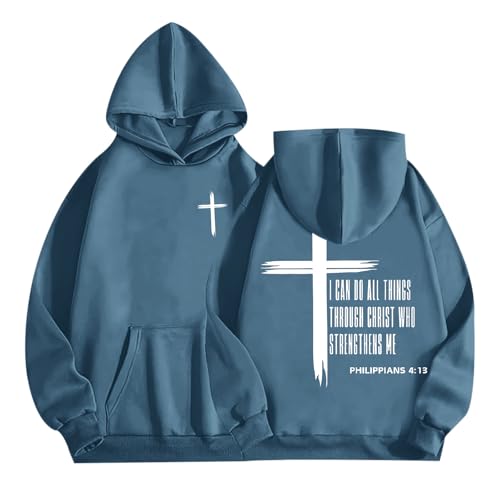 Tuislay Mens I Can Do All Things Through Christ Hoodies Christian Jesus Hoodie Religious Cross Sweatshirt Faith Pullover Tops - color: Deep Blue, size: Small