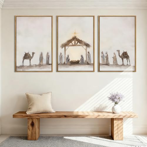 Anyzal Extra Large Jesus Framed Wall Art 24x36 Inch Easter Catholic Nativity Scene Canvas Artwork Christian Religious Birth of Jesus Painting for Living Room Bedroom Dining Room Set of 3 - color: Watercolor Nativity, size: 36"L x 24"W