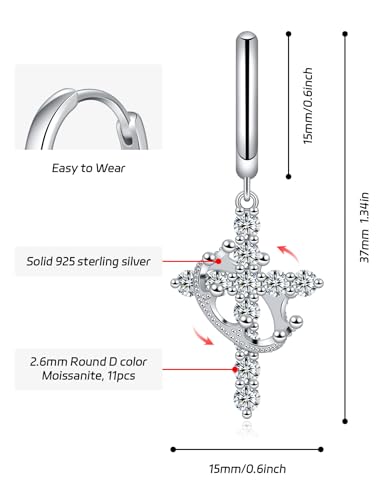 Moissanite Sterling Silver Cross Earrings for Women Huggie Drop - color: Cross Crown (Silver)