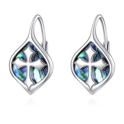 Celtic Trinity Knot Earrings for Women 925 Sterling Silver Triquetra Knot Leverback Abalone Shell Irish Jewelry Tree of Life Gift - style: cross