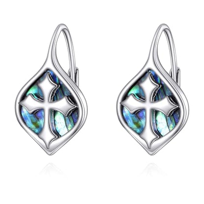 Celtic Trinity Knot Earrings for Women 925 Sterling Silver Triquetra Knot Leverback Abalone Shell Irish Jewelry Tree of Life Gift - style: cross