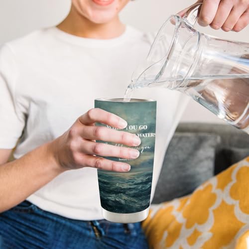 Christian Ocean Beach 20oz Travel Coffee Mug Tumbler, Christian Gifts, When You Go Through Deep Waters I Will Be with You Bible Verse Stainless Steel Tumbler with Lid and Straw - color: Deepwater A